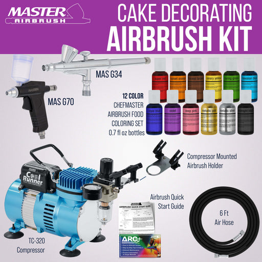 Master Airbrush Cake Airbrush Decorating Kit with Compressor, 2 Gravity Airbrushes, and 12 Chefmaster Food Colors - Air Brush for Cake Decoration & Cookie Airbrush Kit