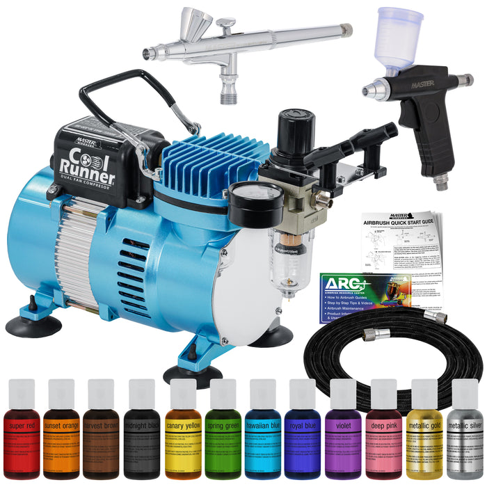 Master Airbrush Cake Airbrush Decorating Kit with Compressor, 2 Gravity Airbrushes, and 12 Chefmaster Food Colors - Air Brush for Cake Decoration & Cookie Airbrush Kit