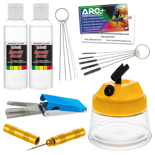 Deluxe Airbrush Cleaning Kit - Includes a 3 in 1 Airbrush Clean Pot, 2 - 4oz Bottles of Cleaning Solution & Cleaning Tool Kit