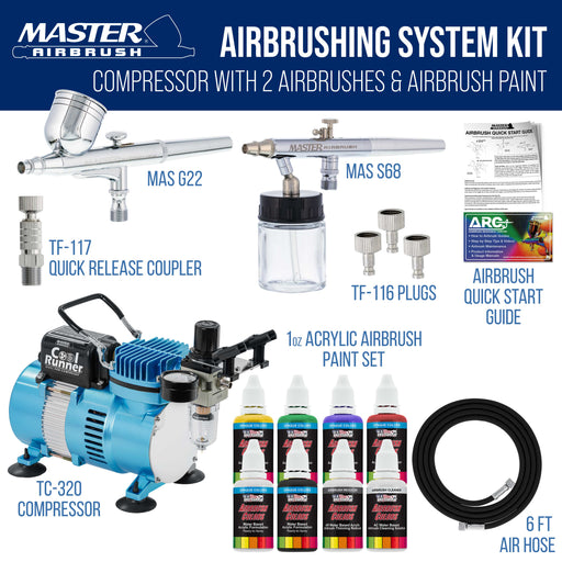 Master Airbrush Cool Runner II Air Brush Kit with Air Compressor Dual Fan, Gravity & Siphon Feed Airbrush Set, 6 Color Acrylic Paints Primary Opaque Colors, How-To Guide Manual