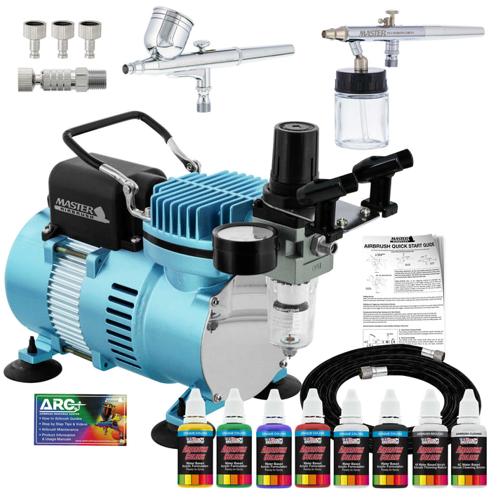 Cool Runner II Dual Fan Air Compressor Airbrushing System Kit with 2 Airbrushes - 6 Primary Colors Acrylic Paint Artist Set - How To Guide
