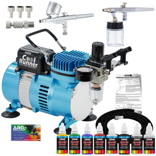 Master Airbrush Cool Runner II Air Brush Kit with Air Compressor Dual Fan, Gravity & Siphon Feed Airbrush Set, 6 Color Acrylic Paints Primary Opaque Colors, How-To Guide Manual