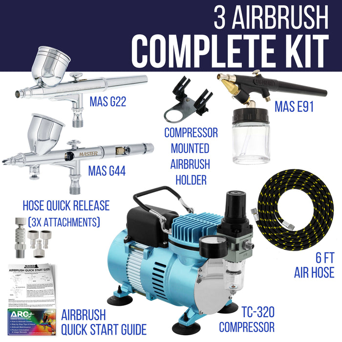 Cool Runner II Dual Fan Air Compressor Fine Detail Control System with 3 Airbrushes, 0.2, 0.3mm Gravity and Siphon Feed - Hose, How-To Guide