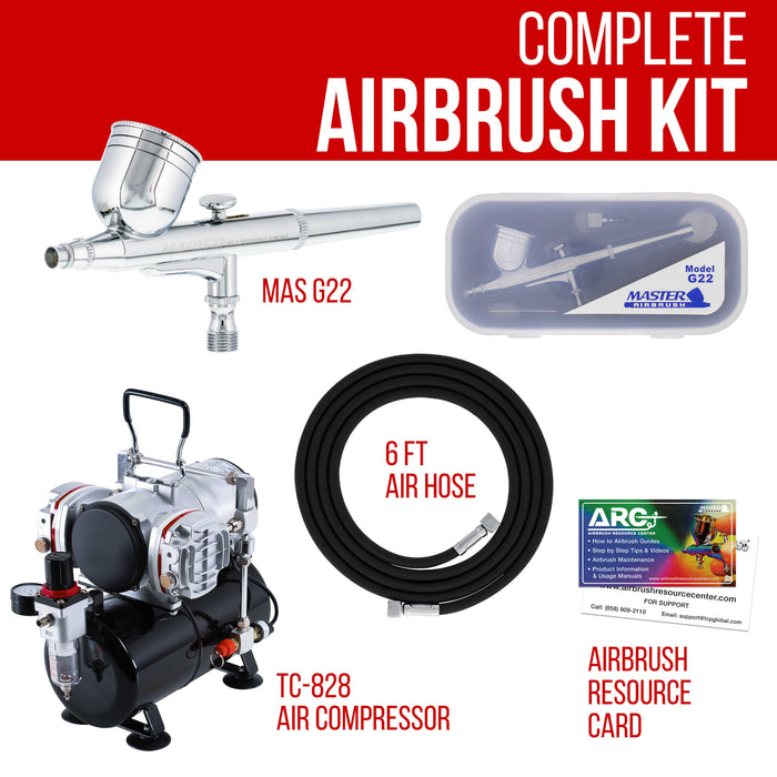 Multi-Purpose Precision Dual-Action Gravity Feed Airbrush with Model TC-828 Twin Piston Air Compressor with Air Storage Tank