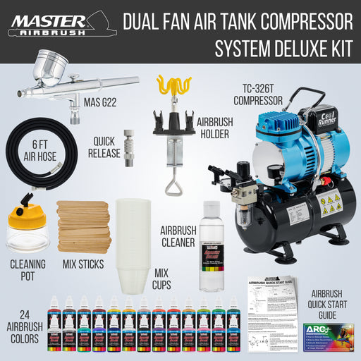 Master Airbrush Cool Runner II Airbrush Kit with Compressor Dual Fan - Air Brush Painting Set Includes Gravity Feed Air Brush, 24 Acrylic Colors, Hose, Holder, Cleaning Pot, Mixing Cups Sticks, Manual
