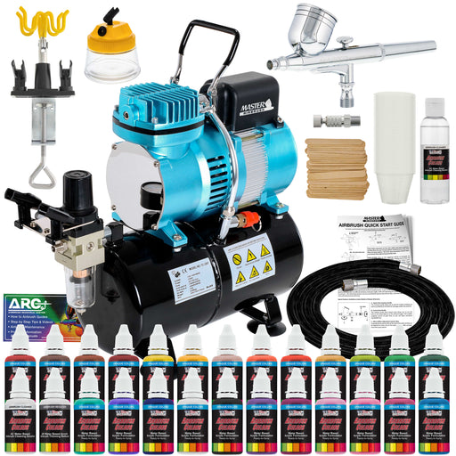 Cool Runner II Dual Fan Air Tank Compressor System Kit with Gravity Feed Airbrush, 24 Color Acrylic Paint Artist Set, Hose, Cleaning Pot, How-To Guide