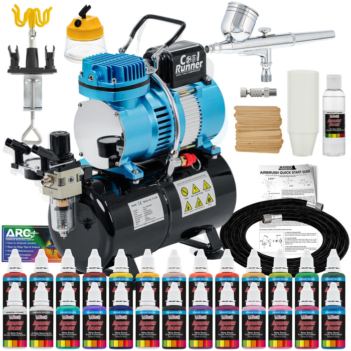 Master Airbrush Cool Runner II Airbrush Kit with Compressor Dual Fan - Air Brush Painting Set Includes Gravity Feed Air Brush, 24 Acrylic Colors, Hose, Holder, Cleaning Pot, Mixing Cups Sticks, Manual