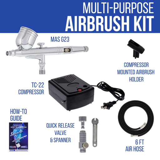 Airbrushing System Kit with a G23 Multi-Purpose Gravity Feed Dual-Action Airbrush with Cup and 0.3mm Tip , Mini Air Compressor, How-To-Airbrush Guide