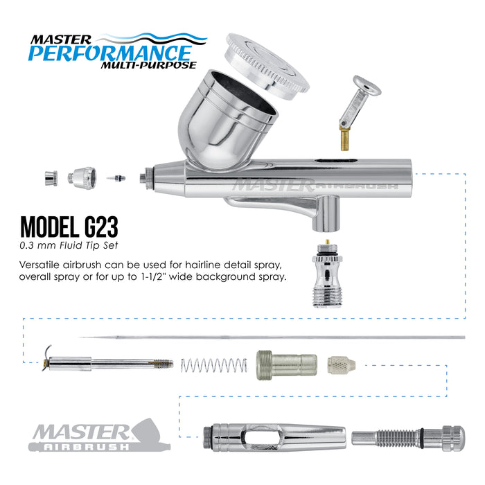 Airbrushing System Kit with a G23 Multi-Purpose Gravity Feed Dual-Action Airbrush with Cup and 0.3mm Tip , Mini Air Compressor, How-To-Airbrush Guide