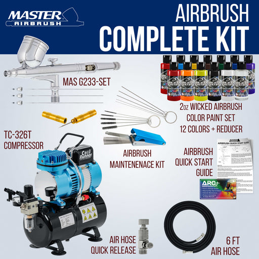 Master Airbrush Cool Runner II Dual Fan Air Brush Compressor System - Professional Gravity Airbrush Kit with Compressor, 3 Tips, 12 Createx Wicked Acrylic Paint Colors, Air Brush Cleaning Tools
