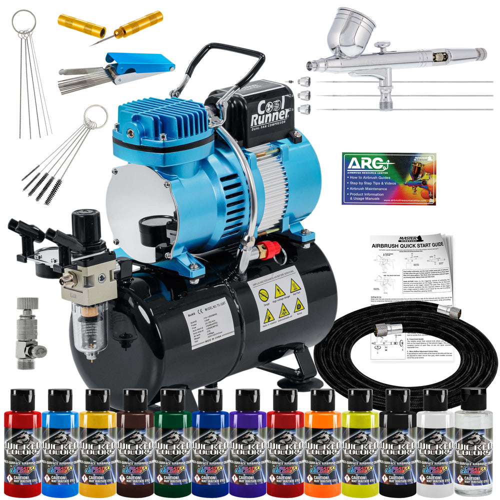 Master Airbrush Cool Runner II Dual Fan Air Brush Compressor System - Professional Gravity Airbrush Kit with Compressor, 3 Tips, 12 Createx Wicked Acrylic Paint Colors, Air Brush Cleaning Tools