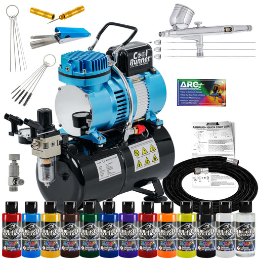 Master Airbrush Cool Runner II Dual Fan Air Brush Compressor System - Professional Gravity Airbrush Kit with Compressor, 3 Tips, 12 Createx Wicked Acrylic Paint Colors, Air Brush Cleaning Tools