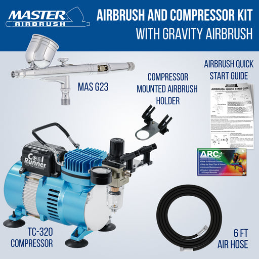 Cool Runner II Dual Fan Air Compressor System Kit with a G23 Gravity Feed Dual-Action Airbrush Set with 0.3 mm Tip - Hose, Holder, How-To Guide