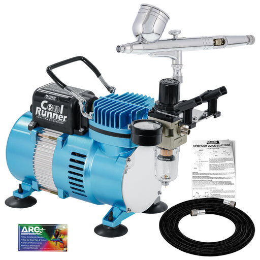 Cool Runner II Dual Fan Air Compressor System Kit with a G23 Gravity Feed Dual-Action Airbrush Set with 0.3 mm Tip - Hose, Holder, How-To Guide