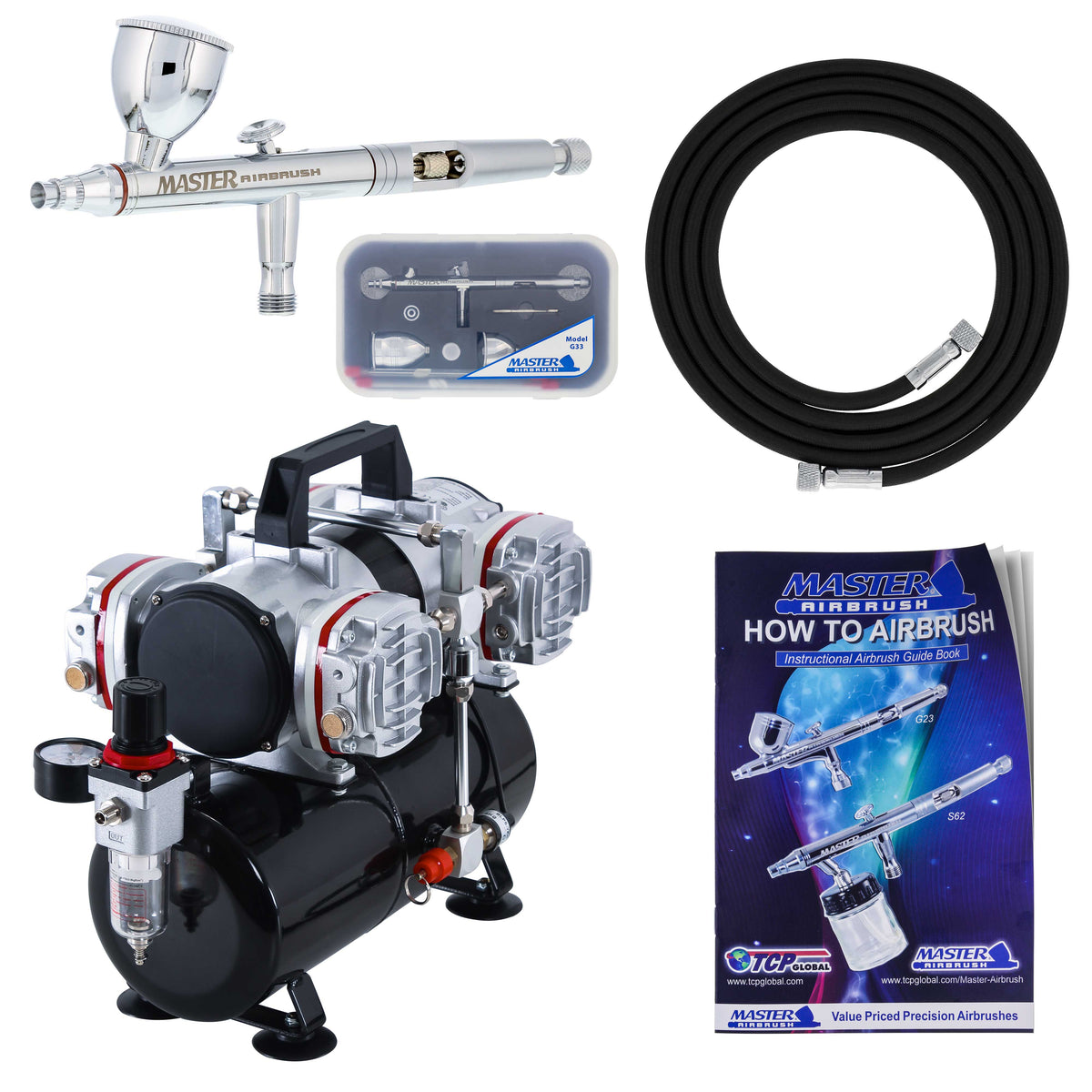 3 Tip Size Airbrush with 4 Cylinder Piston Air Compressor with