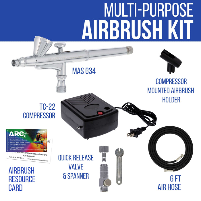 Airbrushing System with a Multi-Purpose Gravity Feed Dual-Action Airbrush with 0.3mm Tip, Mini Air Compressor, Hose, Storage Case, ARC Link Card