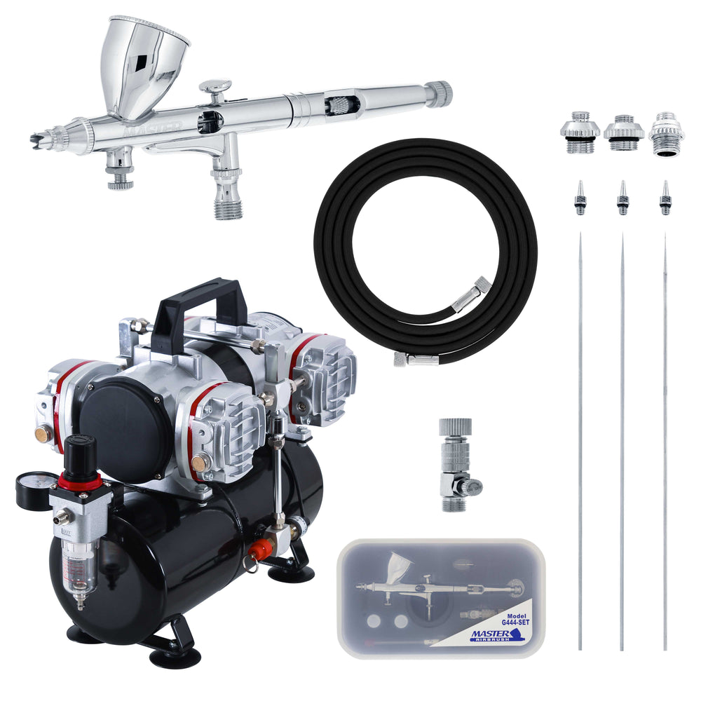 High Precision Detail Control Dual-Action Gravity Feed G444 Airbrush Kit with 3 Tip Sizes and a 4 Cylinder Piston Air Compressor & Air Hose