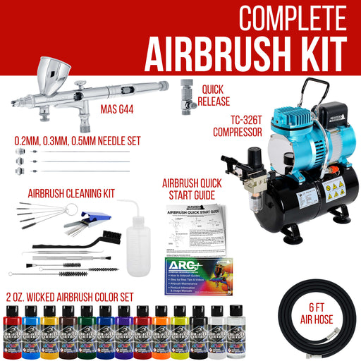 Precision Detail Control Airbrush Kit with 3 Tips and 1/5 HP Cool Runner II Dual Fan Tank Air Compressor, Wicked 12 Color Paint Set and Cleaning Kit