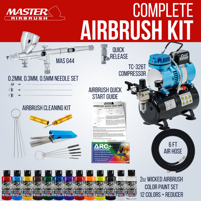 Master Airbrush Multi-Purpose Air Brush Kit with Air Compressor - G444 Airbrush, TC-326T Dual Fan Tank Compressor, 3 Needle Nozzle Tips, 12 Createx Wicked Acrylic Paints and Airbrush Cleaning Kit