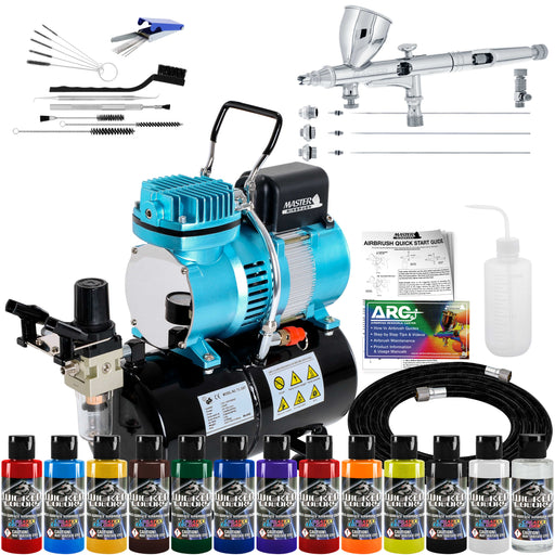 Precision Detail Control Airbrush Kit with 3 Tips and 1/5 HP Cool Runner II Dual Fan Tank Air Compressor, Wicked 12 Color Paint Set and Cleaning Kit