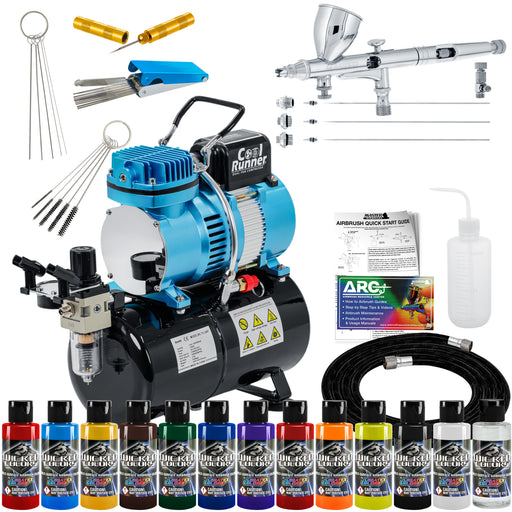 Master Airbrush Multi-Purpose Air Brush Kit with Air Compressor - G444 Airbrush, TC-326T Dual Fan Tank Compressor, 3 Needle Nozzle Tips, 12 Createx Wicked Acrylic Paints and Airbrush Cleaning Kit