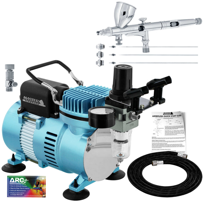 Cool Runner II Dual Fan Air Compressor System Kit with a G444 Fine Detail Control Gravity Feed Dual-Action Airbrush Set with 0.2, 0.3, 0.5 mm Tips