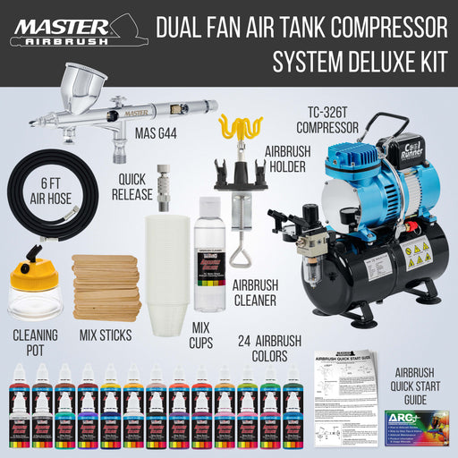 Master Airbrush Cool Runner II Dual Fan Air Storage Tank Compressor System Kit with a G44 Fine Detail Control 0.2mm Tip Airbrush, 24 Color Acrylic Paint Artist Set, Holders, Cleaning Pot, How-To Guide