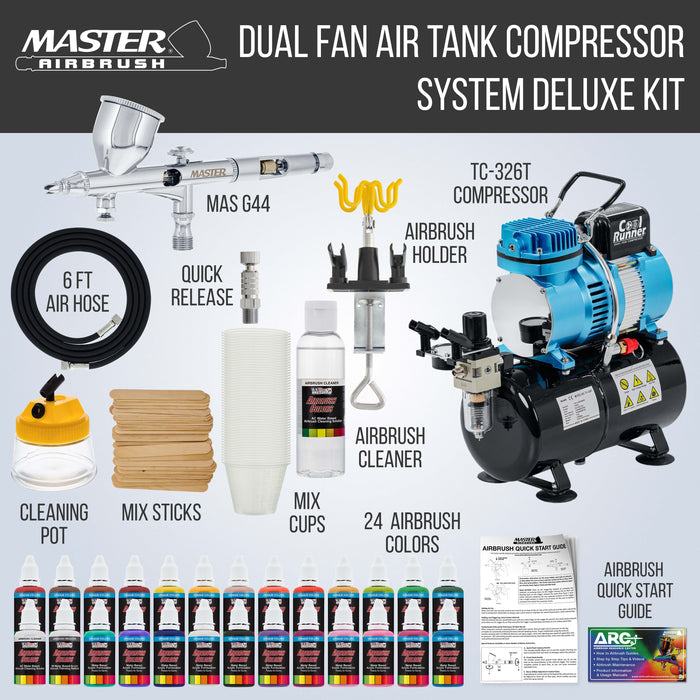 Master Airbrush Cool Runner II Dual Fan Air Storage Tank Compressor System Kit with a G44 Fine Detail Control 0.2mm Tip Airbrush, 24 Color Acrylic Paint Artist Set, Holders, Cleaning Pot, How-To Guide