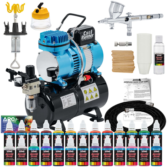 Master Airbrush Cool Runner II Dual Fan Air Storage Tank Compressor System Kit with a G44 Fine Detail Control 0.2mm Tip Airbrush, 24 Color Acrylic Paint Artist Set, Holders, Cleaning Pot, How-To Guide