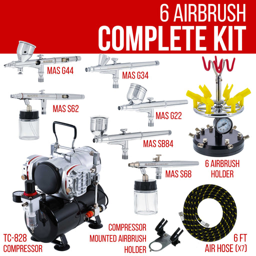 6 Master Model G22, G34 & G44 Gravity Feed, S62 & S68 Siphon Feed, S68 Side Feed Airbrushes with Twin Piston Air Compressor with Storage Tank