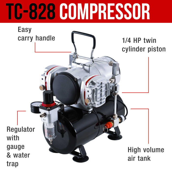 6 Master Model G22, G34 & G44 Gravity Feed, S62 & S68 Siphon Feed, S68 Side Feed Airbrushes with Twin Piston Air Compressor with Storage Tank
