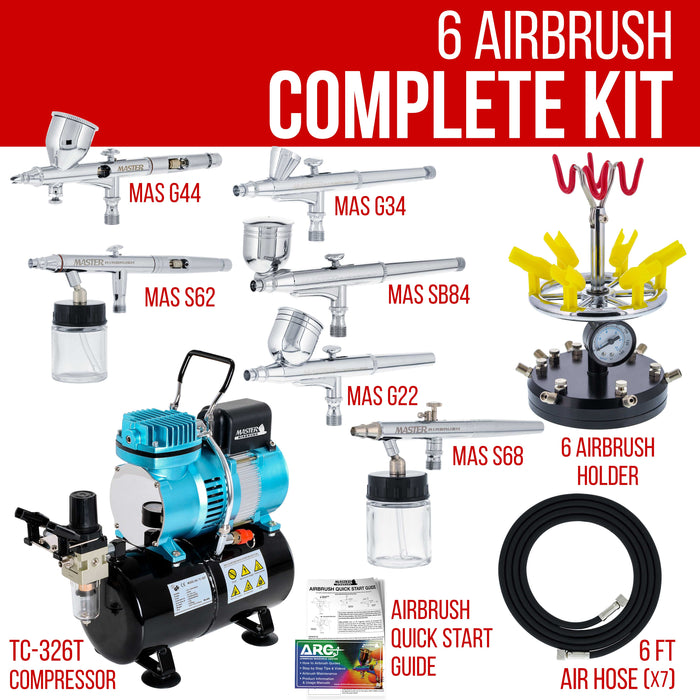 6 Master Model G22, G34 & G44 Gravity Feed, S62 & S68 Siphon Feed, S68 Side Feed Airbrushes with Air Compressor with Air Storage Tank