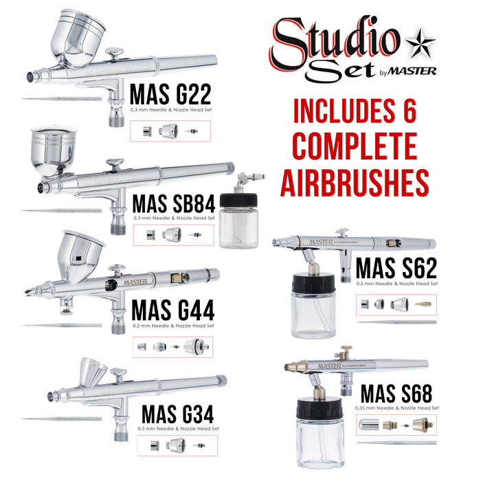 6 Master Model G22, G34 & G44 Gravity Feed, S62 & S68 Siphon Feed, S68 Side Feed Airbrushes with Air Compressor with Air Storage Tank