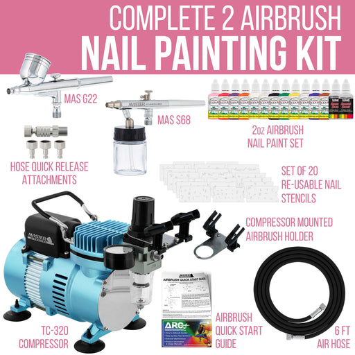 2 Airbrush Nail System Kit with 12 Paint Color Set, High Performance Single-Piston Airbrush Air Compressor