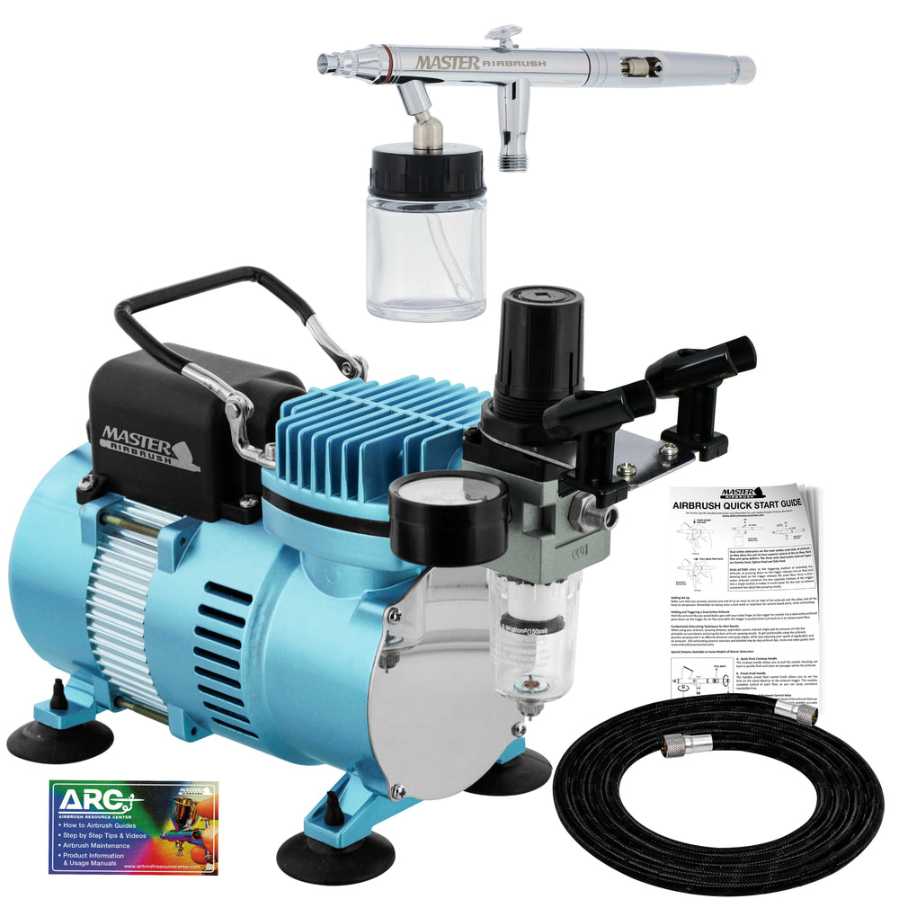 Cool Runner II Dual Fan Air Compressor System Kit with Hi-Flow S622 Pro Set Dual-Action Siphon Feed Airbrush Set with 3 Nozzle Sets (0.3, 0.5 & 0.8mm)