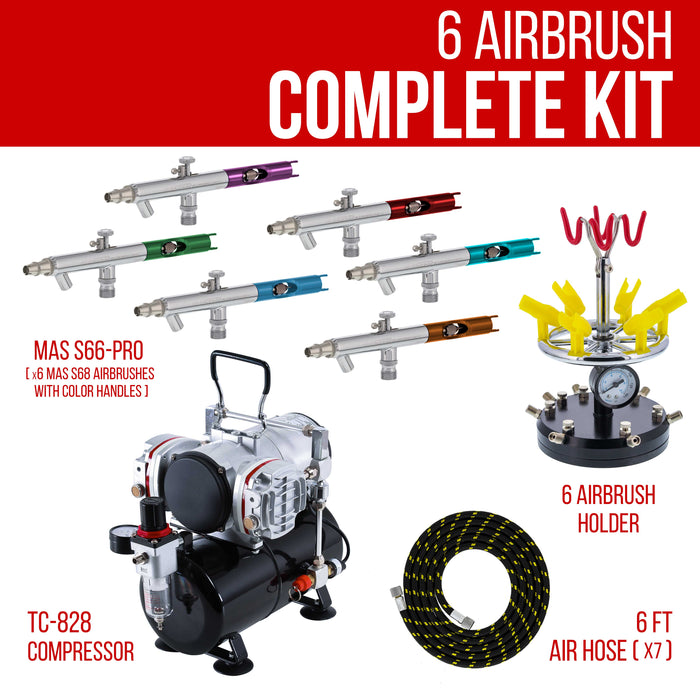 6 Master Performance Multi-Purpose Precision Dual-Action Siphon Feed Airbrushes with Twin Cylinder Piston Airbrush Compressor with Air Storage Tank