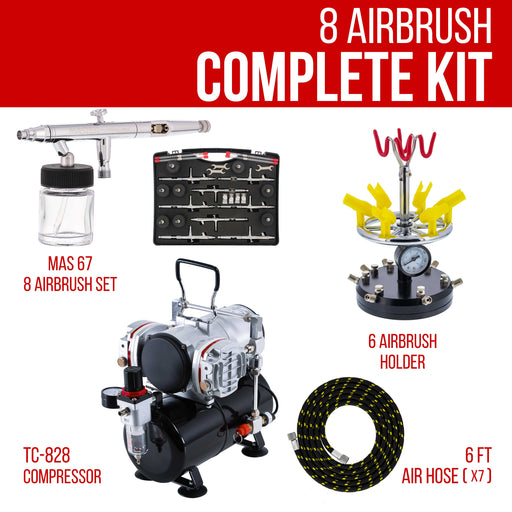 8 HI-FLOW All-Purpose Precision Dual-Action Siphon Feed Airbrushes with Twin Cylinder Piston Airbrush Compressor with Air Storage Tank