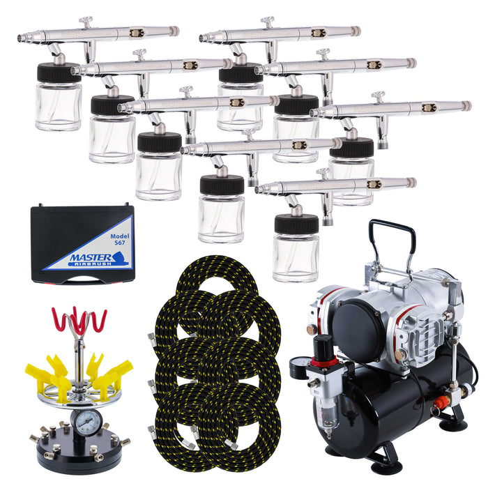 8 HI-FLOW All-Purpose Precision Dual-Action Siphon Feed Airbrushes with Twin Cylinder Piston Airbrush Compressor with Air Storage Tank