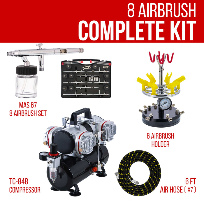 8 HI-FLOW All-Purpose Precision Dual-Action Siphon Feed Airbrushing System with Model TC-848 4 Cylinder Piston Air Compressor with Air Storage Tank