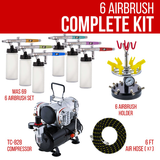 6 HI-FLOW All-Purpose Precision Dual-Action Siphon Feed Airbrushes with Twin Cylinder Piston Airbrush Compressor with Air Storage Tank