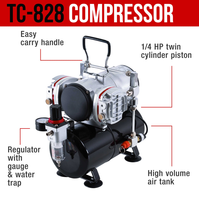 6 HI-FLOW All-Purpose Precision Dual-Action Siphon Feed Airbrushes with Twin Cylinder Piston Airbrush Compressor with Air Storage Tank