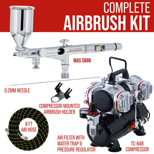 High Precision Detail Control Dual-Action Side Feed Airbrush Set with 4 Cylinder Piston Airbrush Compressor with Air Storage Tank