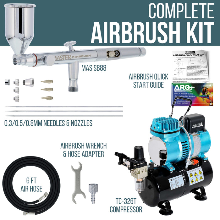 Master Airbrush SB88 Pro System - Dual-Action Side Feed Airbrush, Tank Compressor, 3 Nozzle Sets (0.3, 0.5, 0.8mm), 1/2oz Gravity Cup, How To Guide - Spray Auto, Hobby