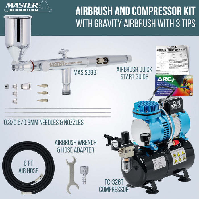 Master Airbrush SB88 Pro System - Dual-Action Side Feed Airbrush, Tank Compressor, 3 Nozzle Sets (0.3, 0.5, 0.8mm), 1/2oz Gravity Cup, How To Guide