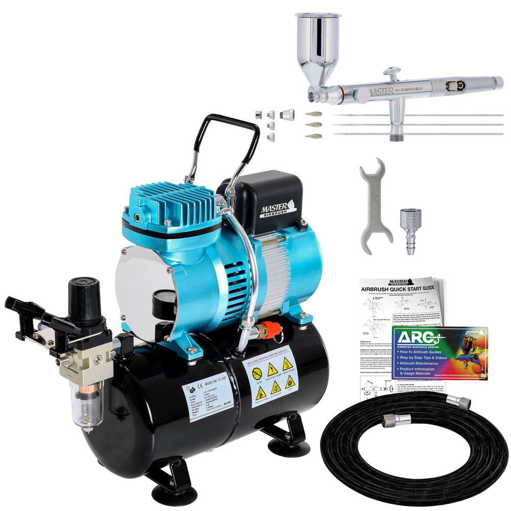 Master Airbrush SB88 Pro System - Dual-Action Side Feed Airbrush, Tank Compressor, 3 Nozzle Sets (0.3, 0.5, 0.8mm), 1/2oz Gravity Cup, How To Guide - Spray Auto, Hobby