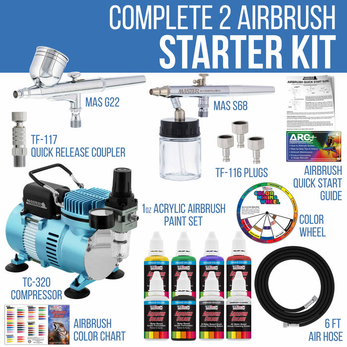 Cool Runner II Dual Fan Air Compressor Airbrushing Acrylic Paint System Kit with 2 Airbrushes, Hose - 6 Primary Paint Colors Set - How To Guide