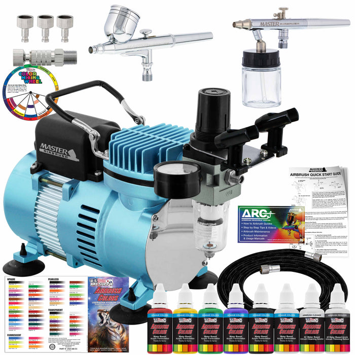 Cool Runner II Dual Fan Air Compressor Airbrushing Acrylic Paint System Kit with 2 Airbrushes, Hose - 6 Primary Paint Colors Set - How To Guide