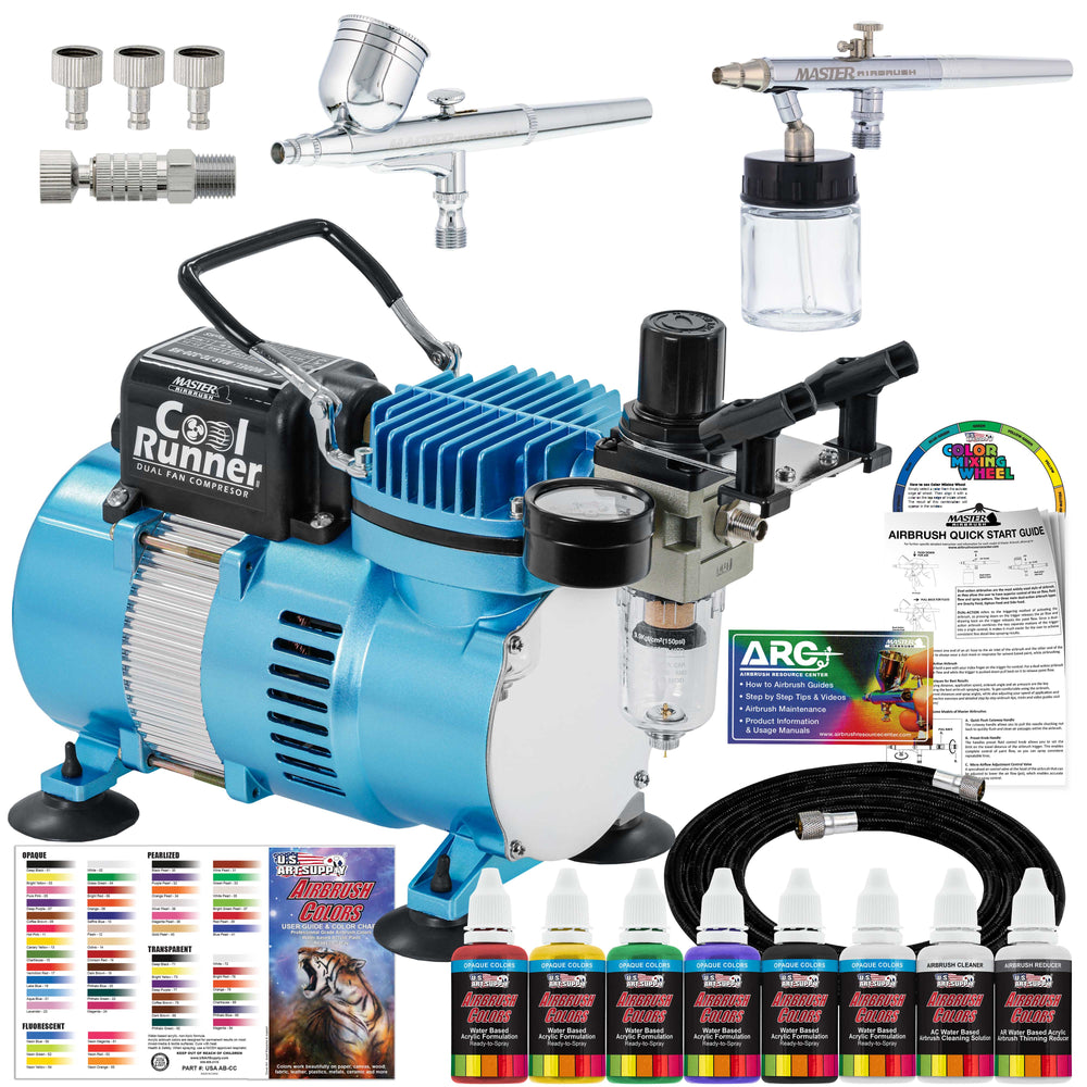 Master Airbrush Cool Runner II Air Brush Kit with Dual Fan Compressor & 2 Airbrushes - Includes 6 Primary Acrylic Paint Colors Artist Set, How-To Guide, Color Chart & Hose