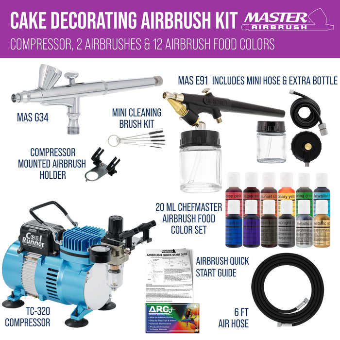 Master Airbrush Cool Runner II Airbrush Cake Decorating Kit with Dual Fan Air Compressor, 2 Airbrushes, 12 Color Chefmaster Food Coloring Set, Brushes & How-To Manual - Cake Airbrush Kit for Cupcakes