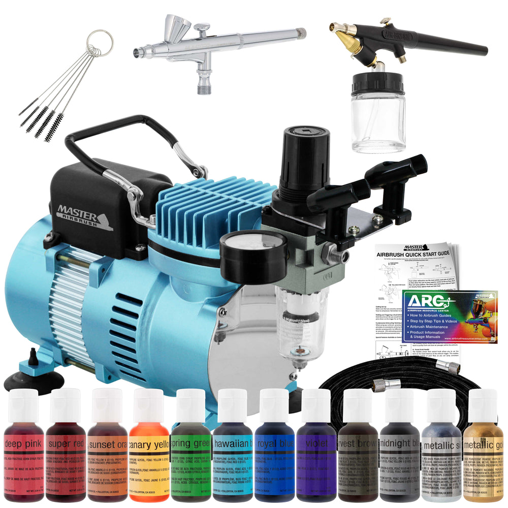 Cake Decorating 2 Airbrushing System Kit with 12 Color Food Coloring Set, Pro Cool Runner II Dual Fan Air Compressor - How To Guide